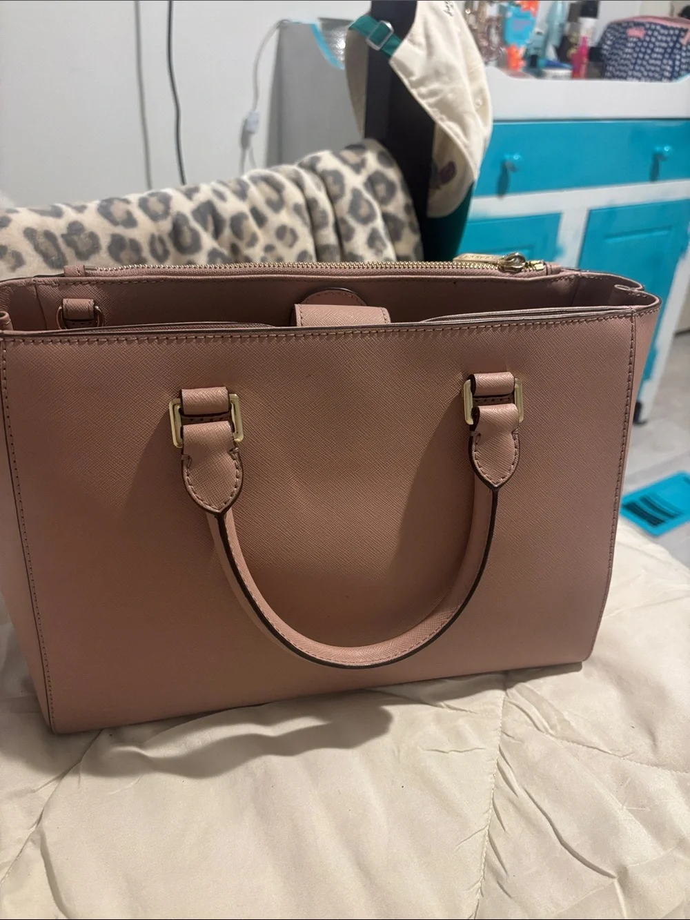 Michael Kors Pink Saffiano Leather Satchel with Gold Hardware